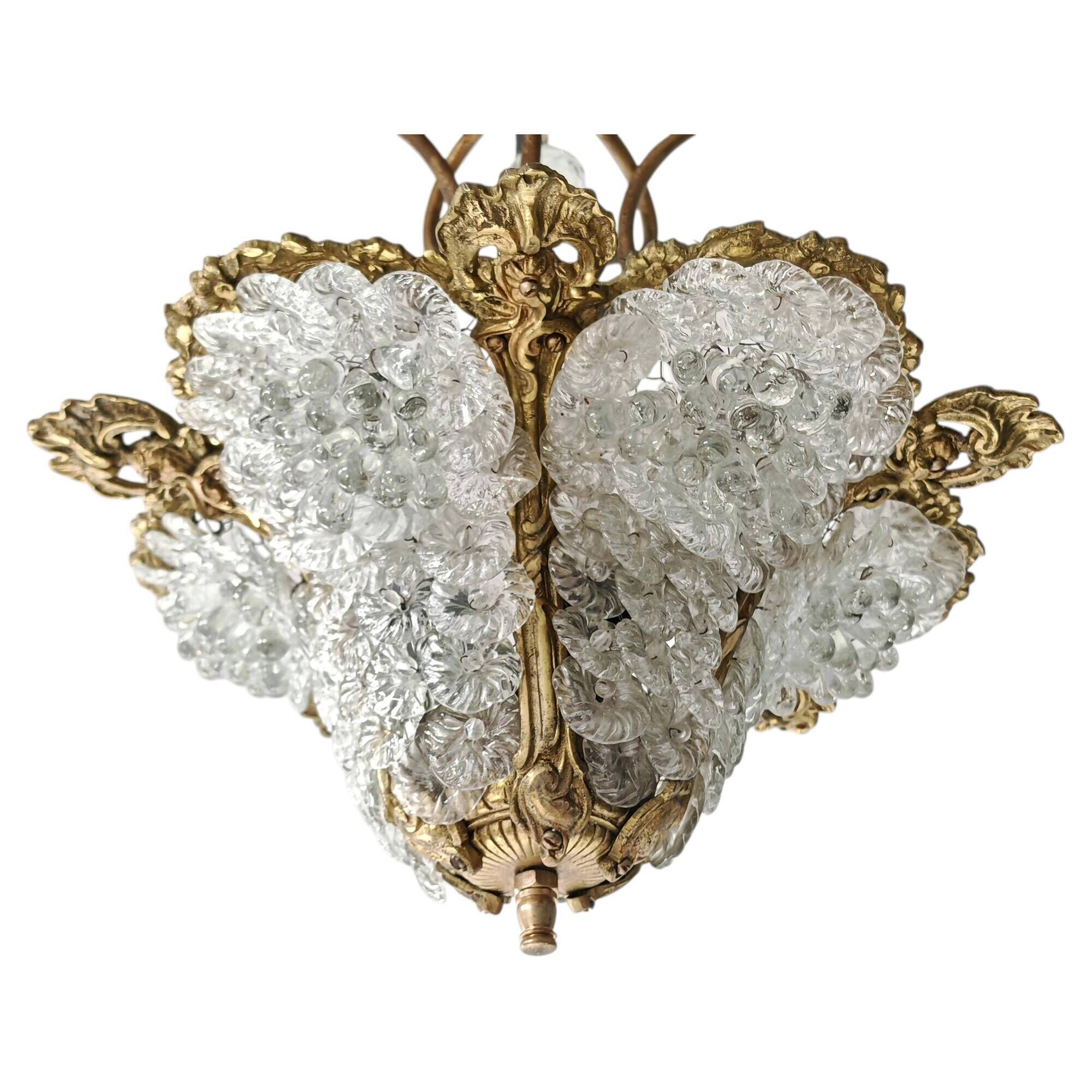 Art Nouveau bronze chandelier with Murano glass flowers