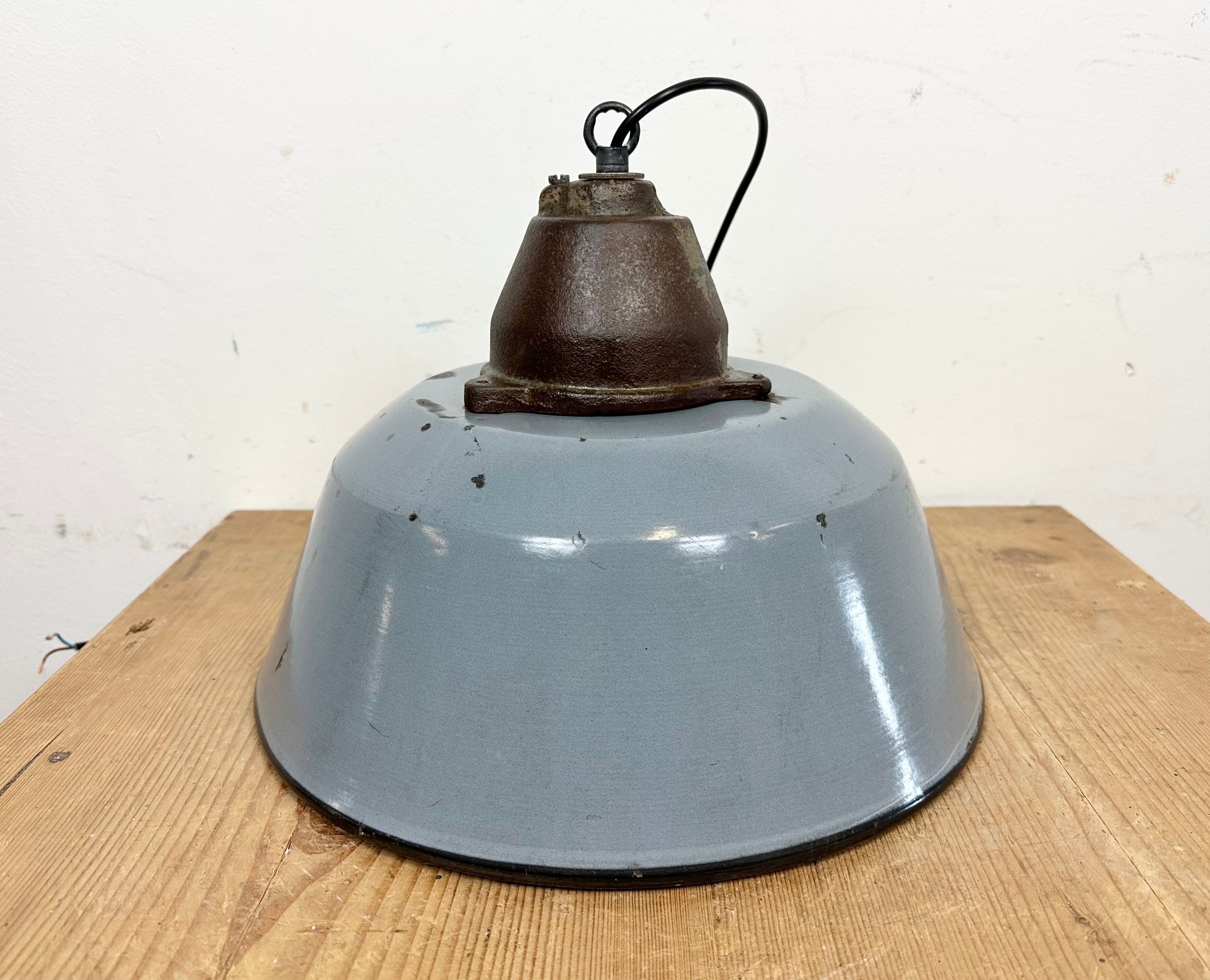 Industrial Grey Enamel and Cast Iron Pendant Light, 1960s