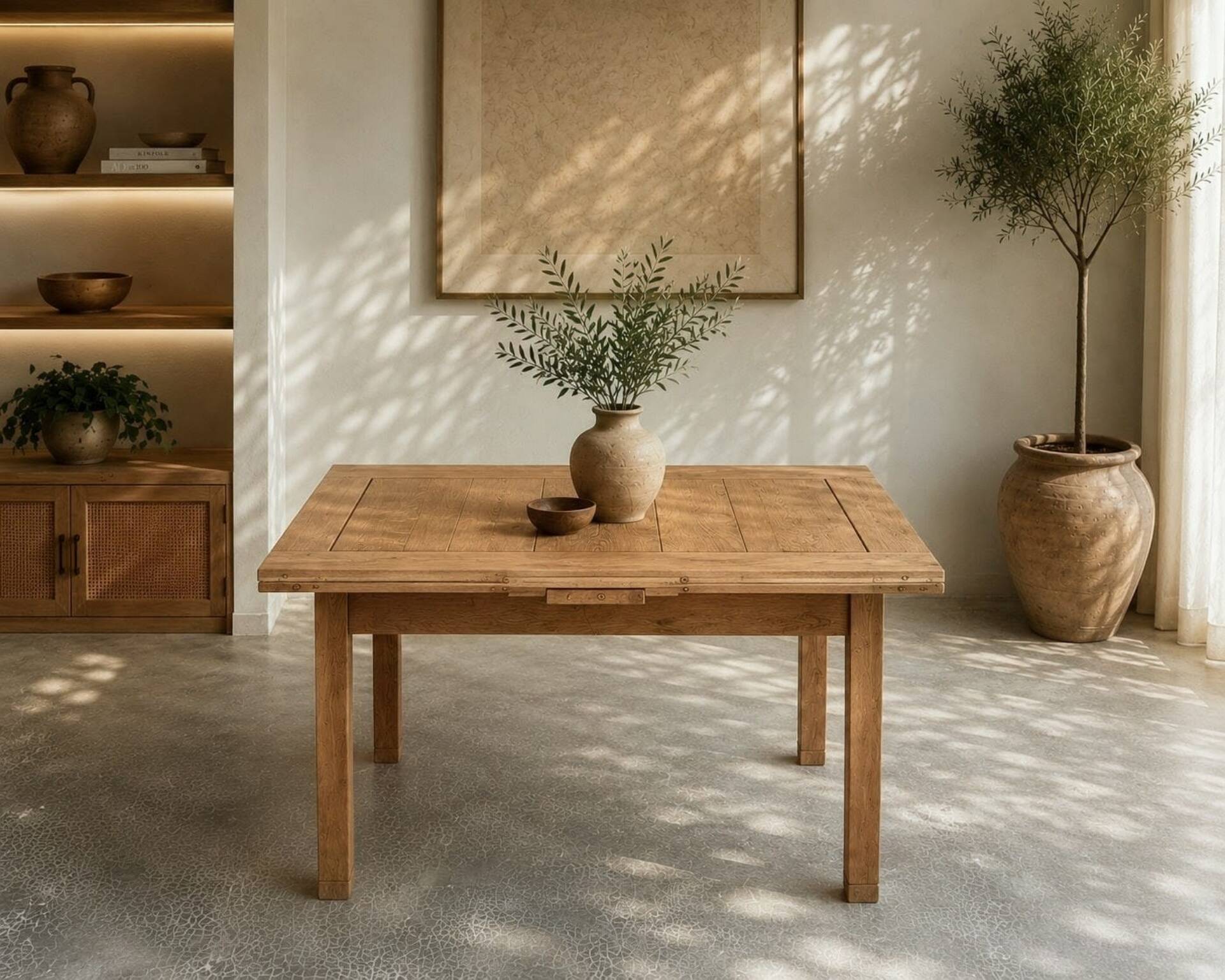Extendable farmhouse table in solid oak, renovated.