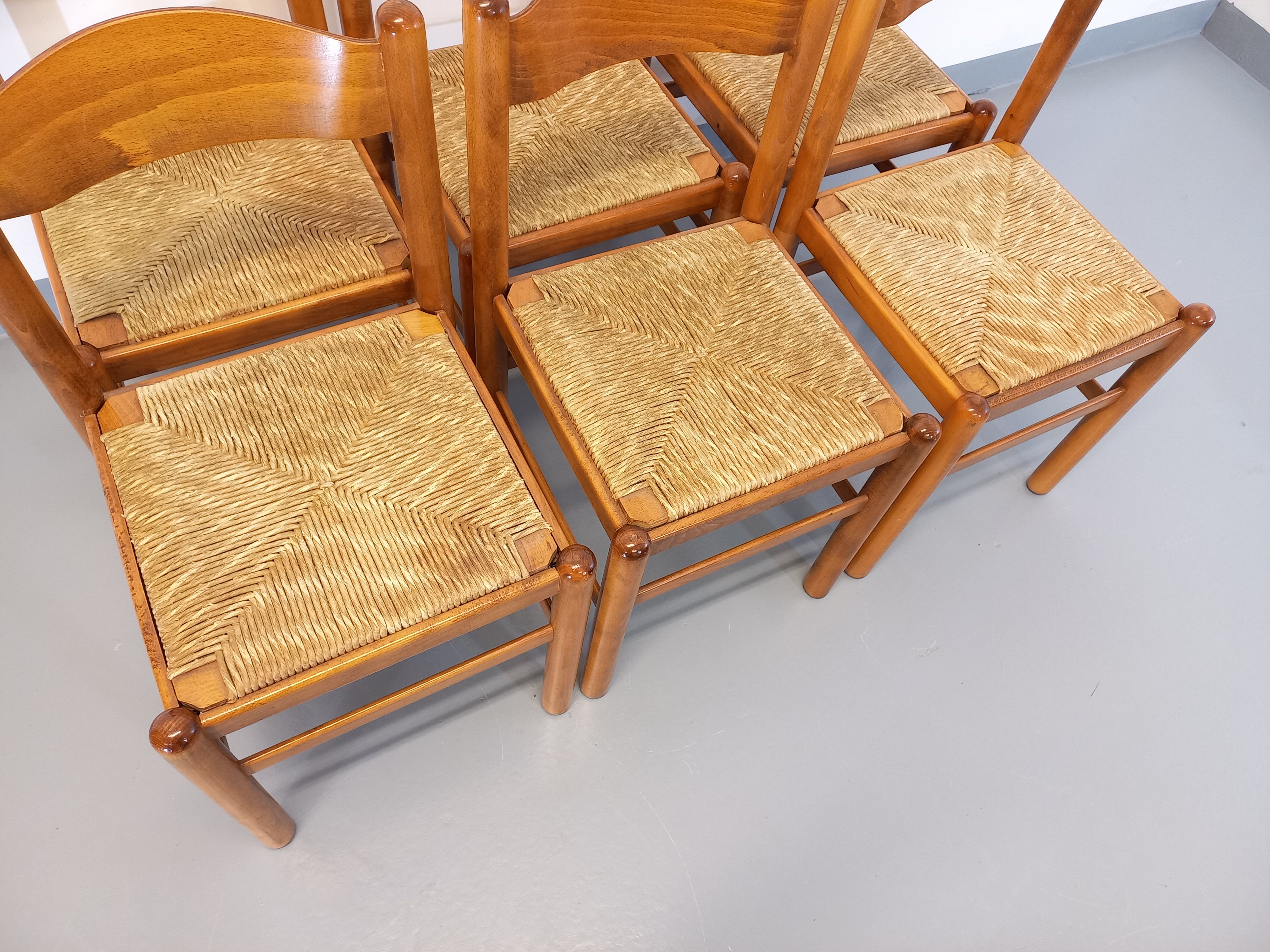 Suite of 6 vintage chairs in light wood and straw from the 70s 80s
