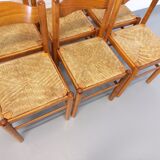 Suite of 6 vintage chairs in light wood and straw from the 70s 80s