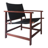 Fauteuil bois et tissu noir safari design scandinave, Hylinge Mobler Danemark 1970