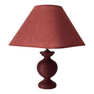 Pretty Turned Wood Lamp, Raspberry Red Color, Linen Lampshade