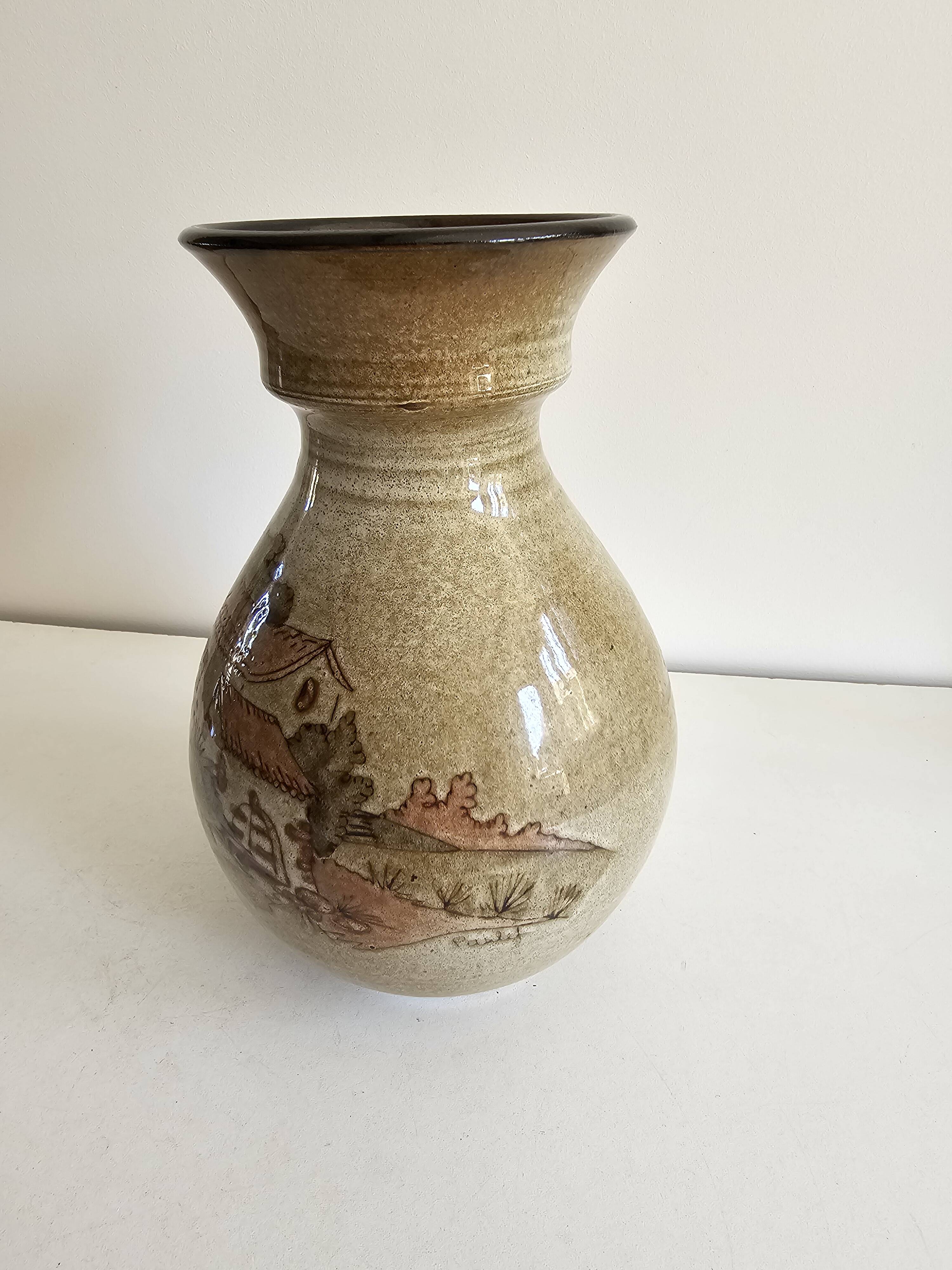 Ceramic vase with Village pattern signed by Jean Paulet - vintage