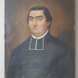 Tableau portrait huile sur toile ancien 19 ème prêtre tableau religieux vintage