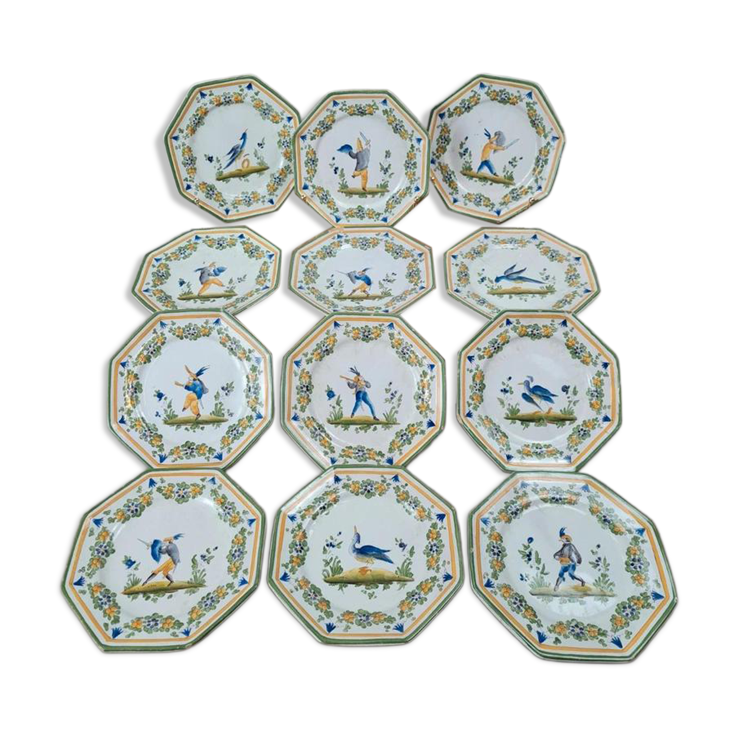 Lot de 12 petites assiettes anciennes Alfred Renoleau, décors différents