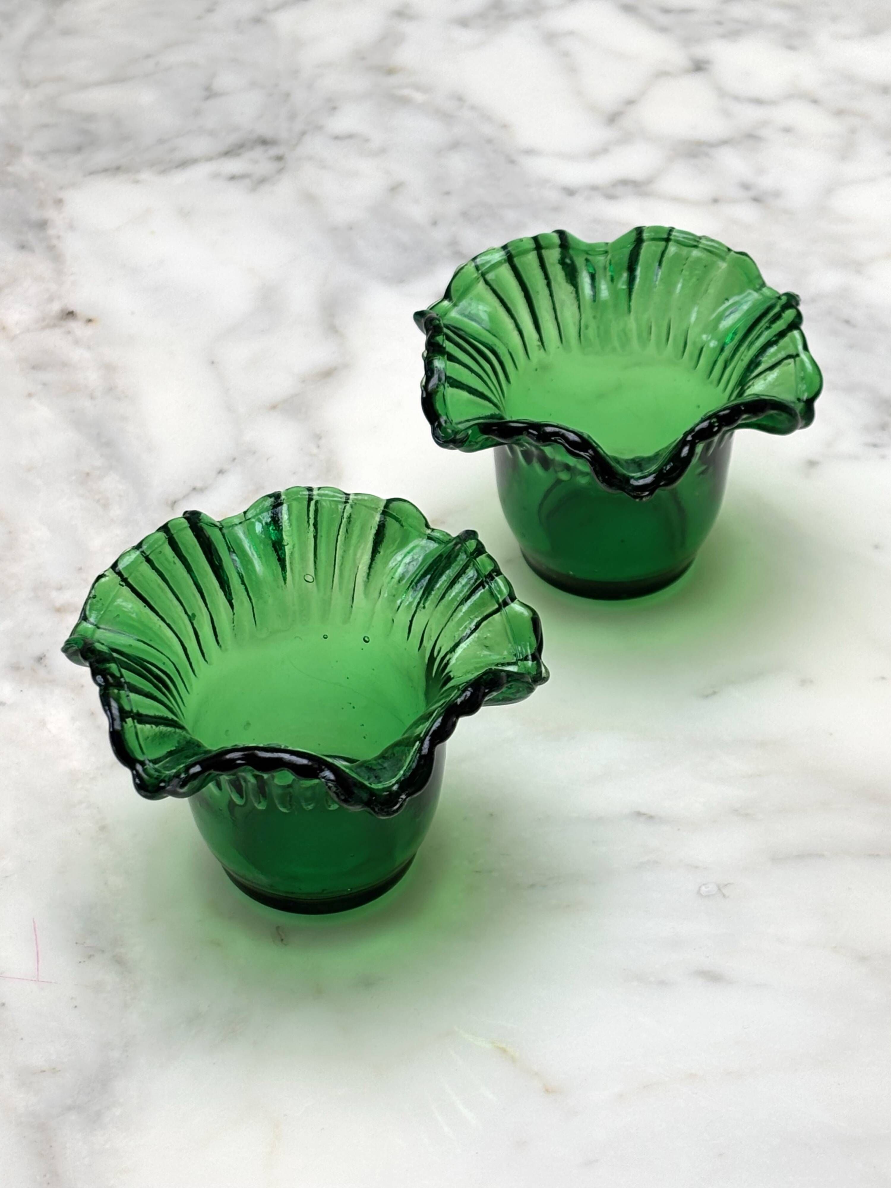 Pair of Green Blown Glass Candle Holders – Corolla Shape