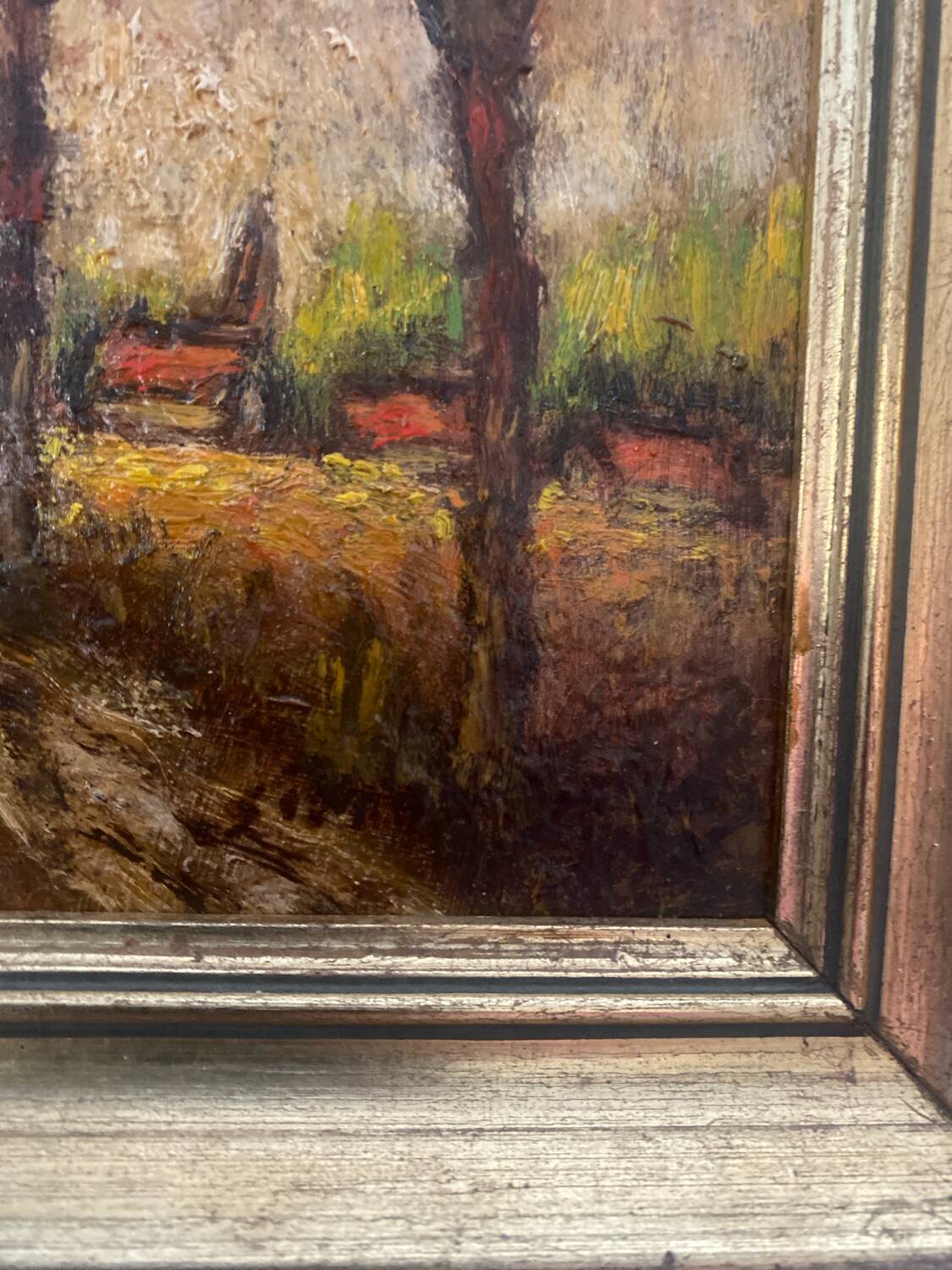 Tableau Ancien 1895 - Allée de Peupliers - Huile sur Panneau & Cadre D