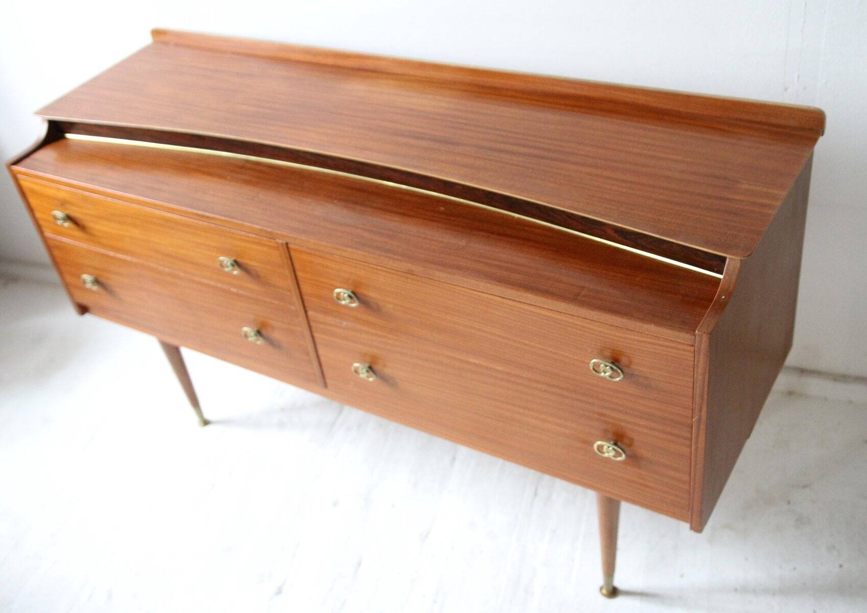 Vintage teak enfilade in brown, 1960s — brass mesh top and Dansette legs.