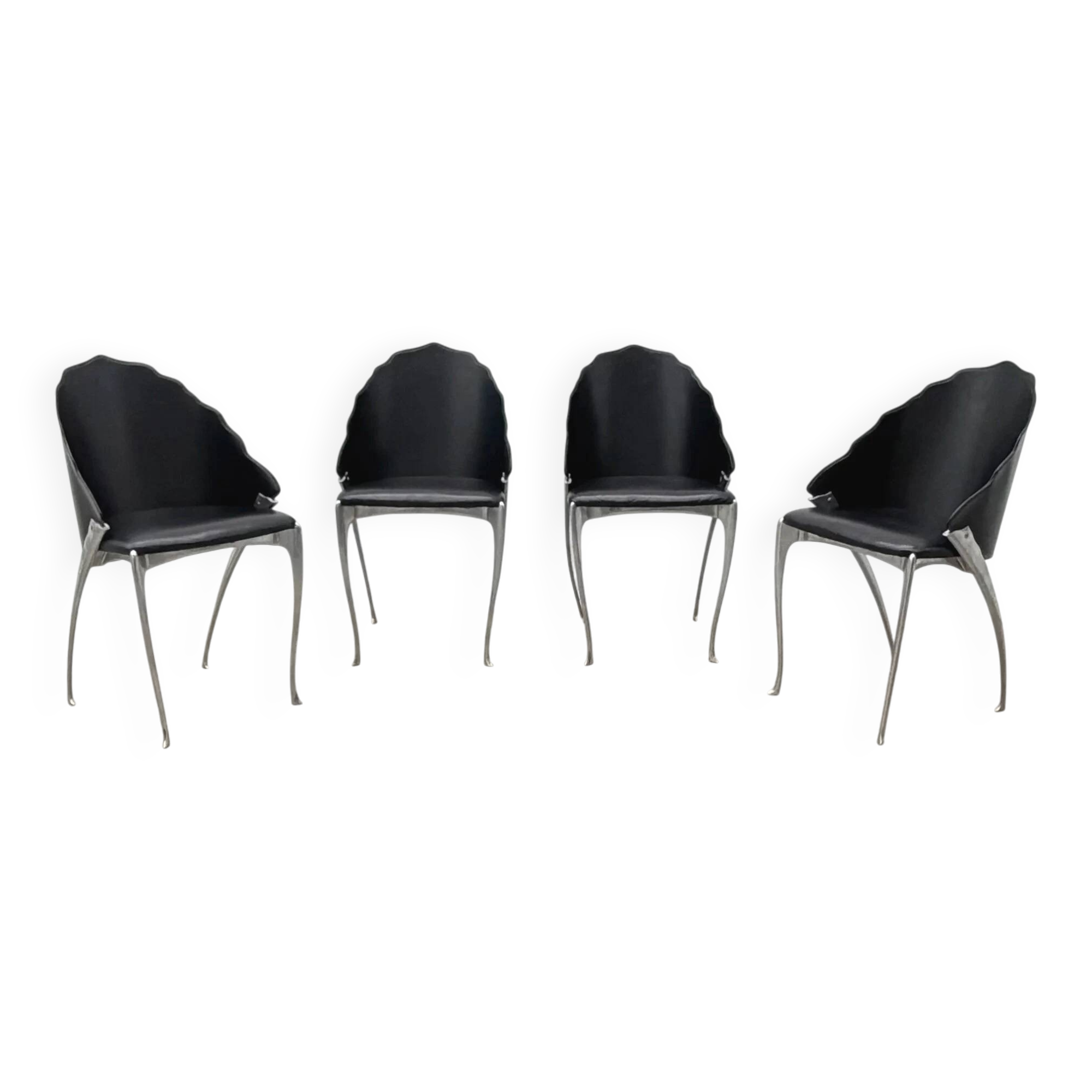 Set of 4 chairs by Bernard Dequet for Protis France Design in cast aluminum and leather, France 1980