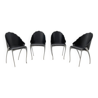 Ensemble de 4 chaises de Bernard Dequet pour Protis France Design en fonte aluminium et cuir, France 1980