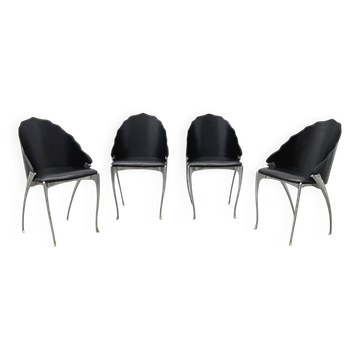 Ensemble de 4 chaises de Bernard Dequet pour Protis France Design en fonte aluminium et cuir, France 1980