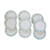 Set of 9 flat plates HBC Choisy le Roi, geometric and floral pattern green and blue, vintage fra