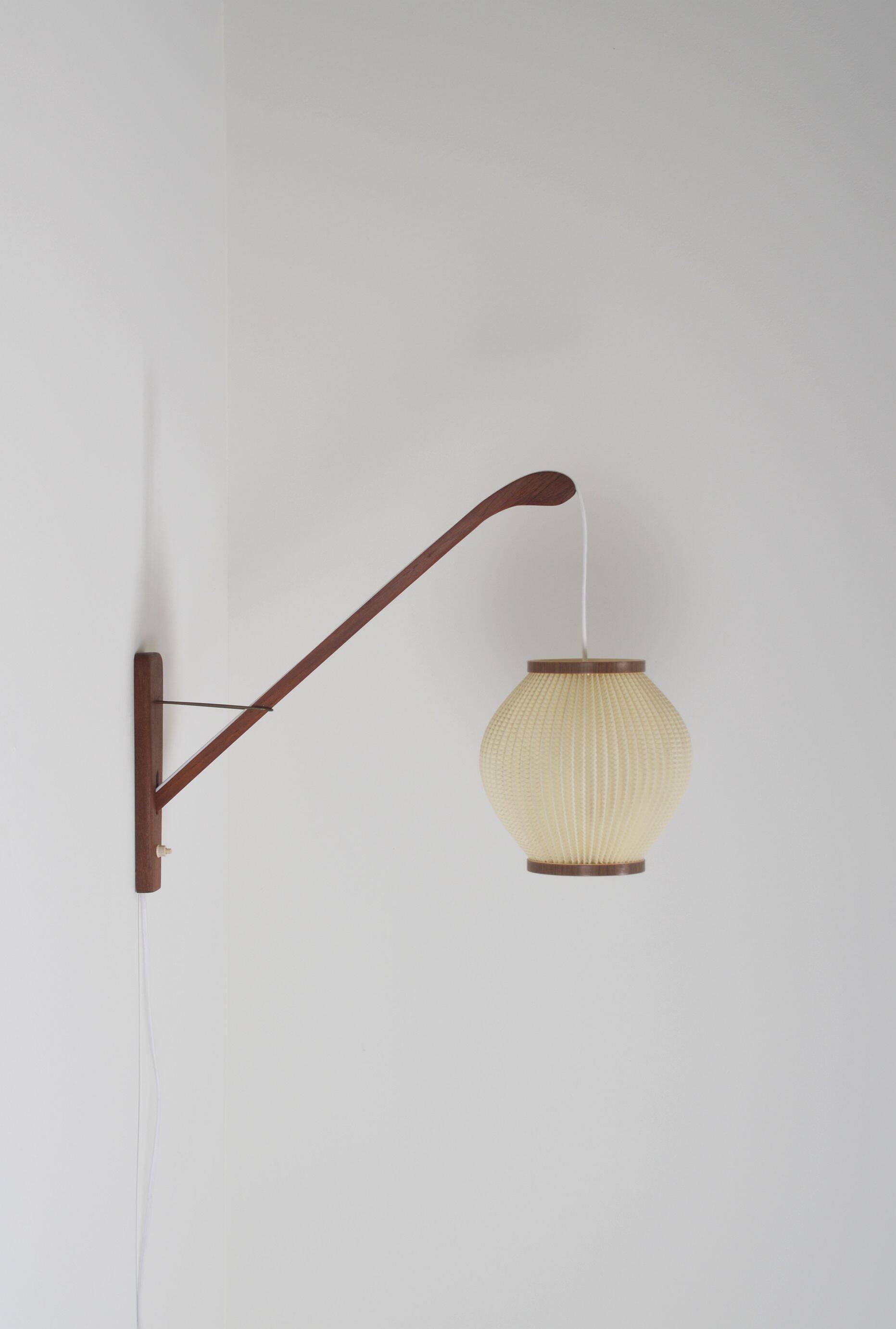 Danish teak wall lamp with pearl shade, 1960s
