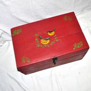 Vintage wooden trunk – toy chest or music box with painted stencil bird decoration.