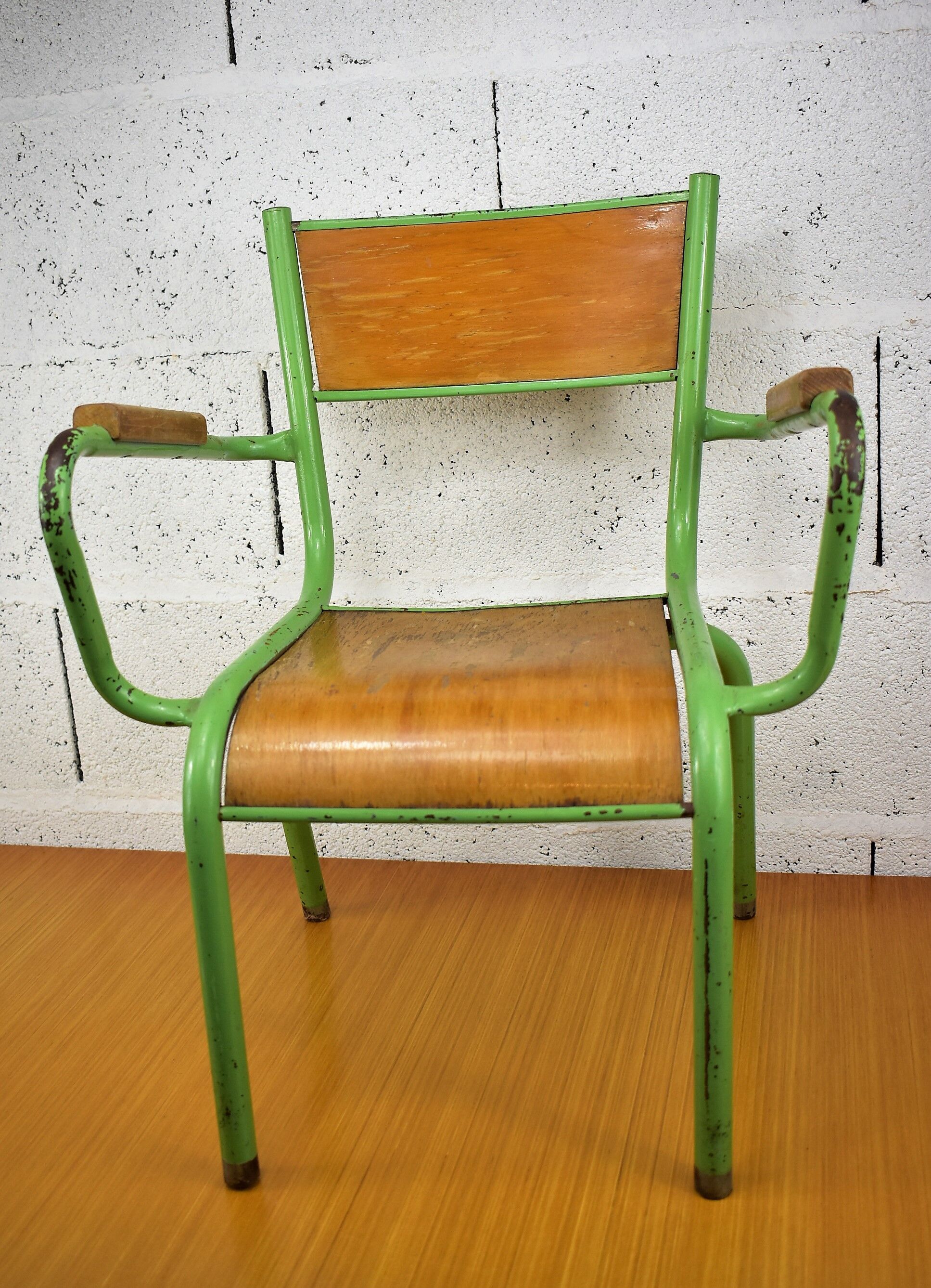 Metal and wood school chair with armrest