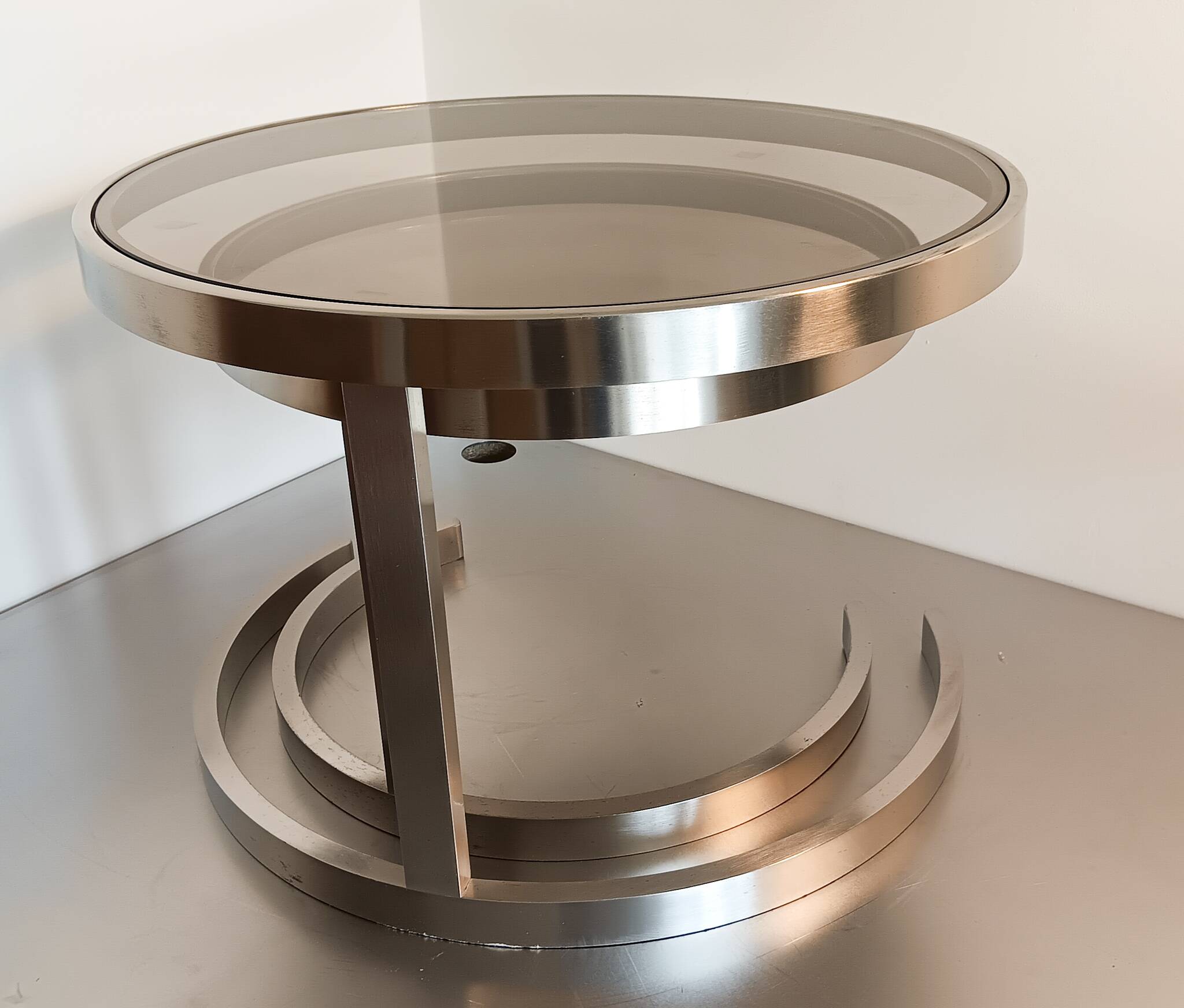 2 vintage 1970s smoked glass and brushed metal nesting coffee tables