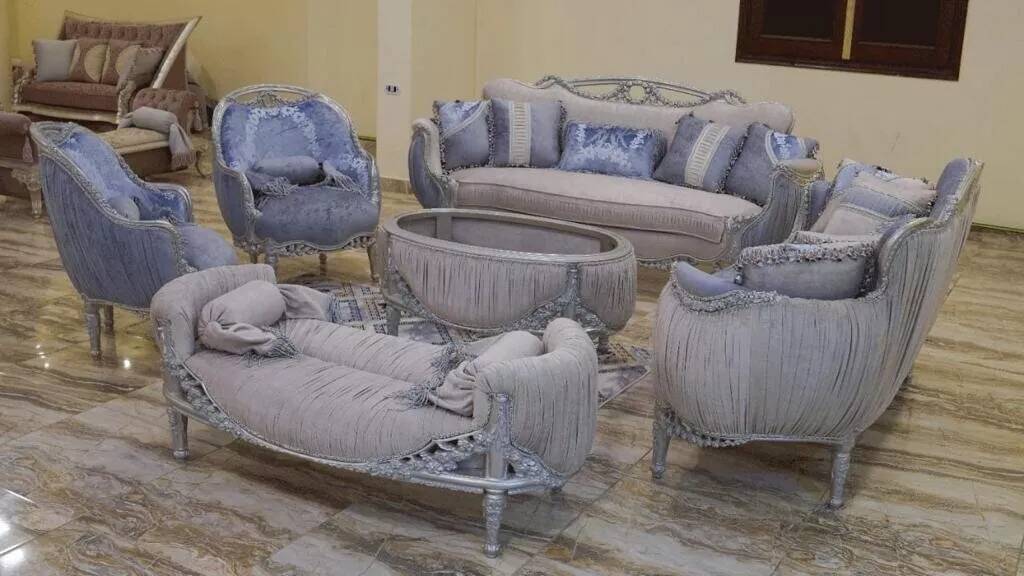 Complete Louis XV Light Blue Living Room Set – Carved Wood and Luxurious Upholstery