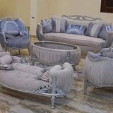 Complete Louis XV Light Blue Living Room Set – Carved Wood and Luxurious Upholstery