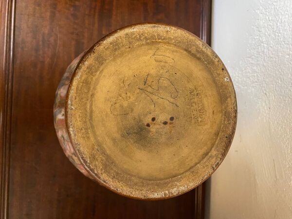 Vase en gres ceramique signé renault argent gres emaille polychrome