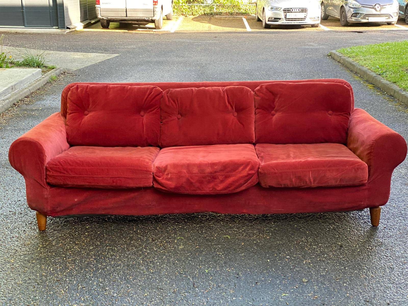 Vintage Scandinavian 3-seater burgundy velvet sofa