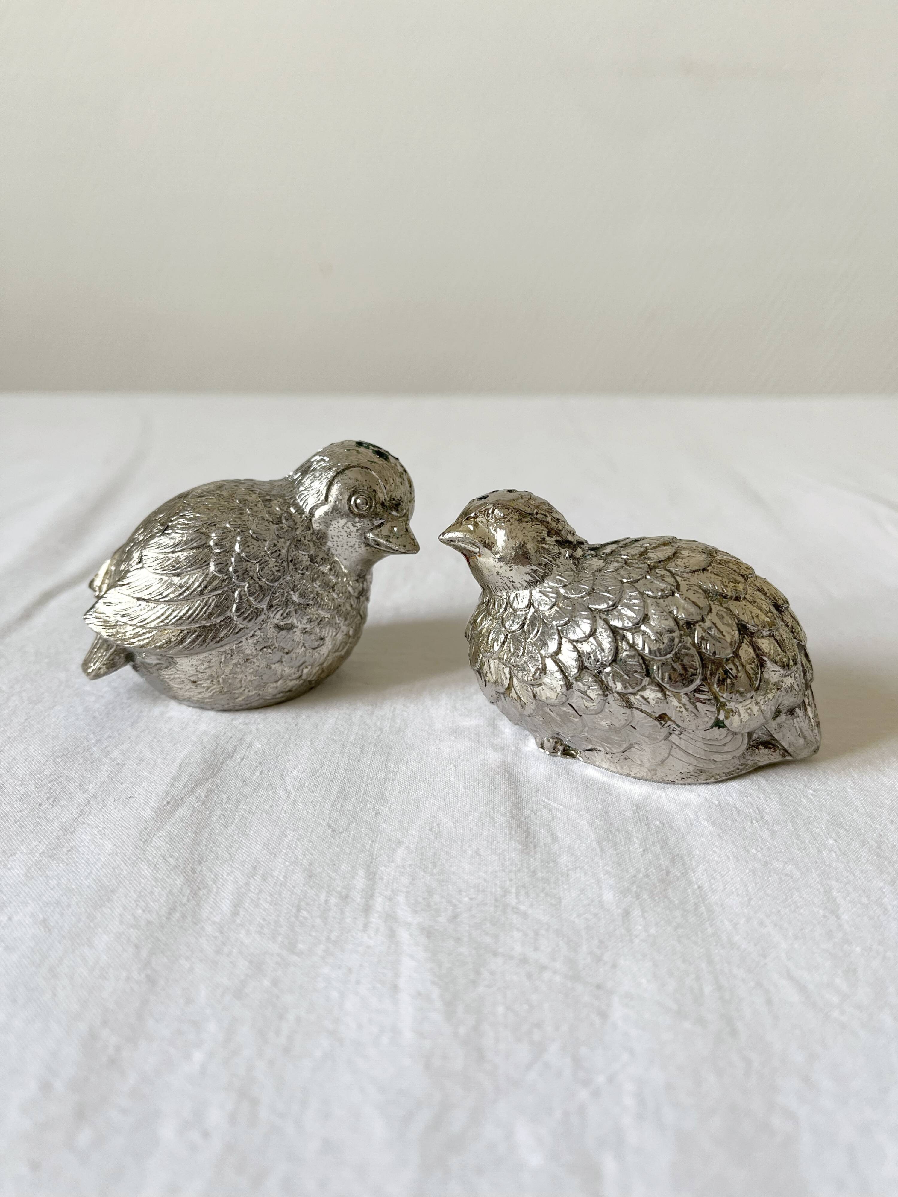 Salière et poivrière en métal argenté oiseaux vintage