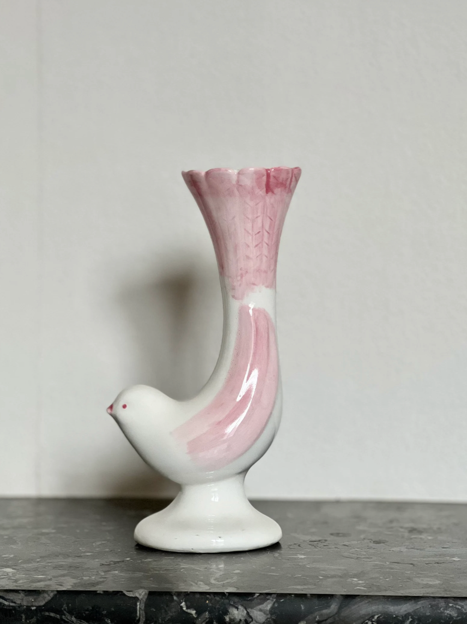 Vintage cone vase in the shape of a pink and white bird