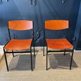 Pair of Gijs Van Der Sluis chairs in orange wood with black legs, Netherlands