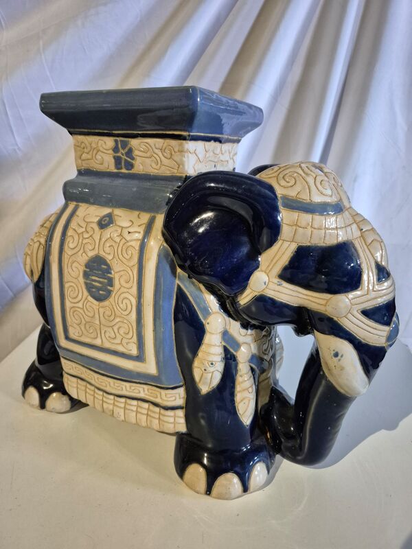 Support de plante en céramique XL 43 cm Éléphant bleu blanc