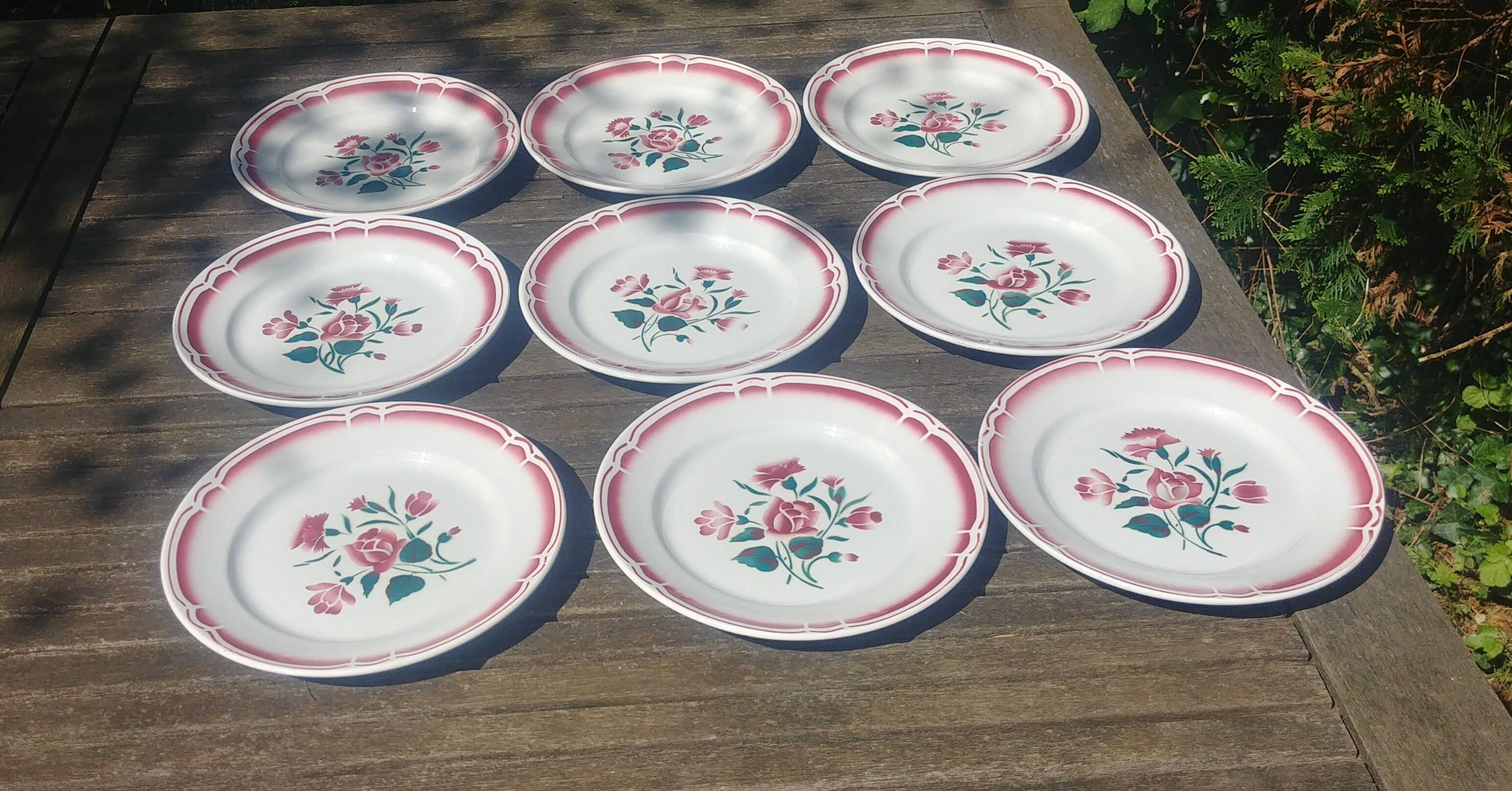 set of nine old flat plates from the 40s/50s with rose decoration