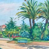 Original watercolor by tony minartz (1870-1944) spring walk in a park on the côte d'azur