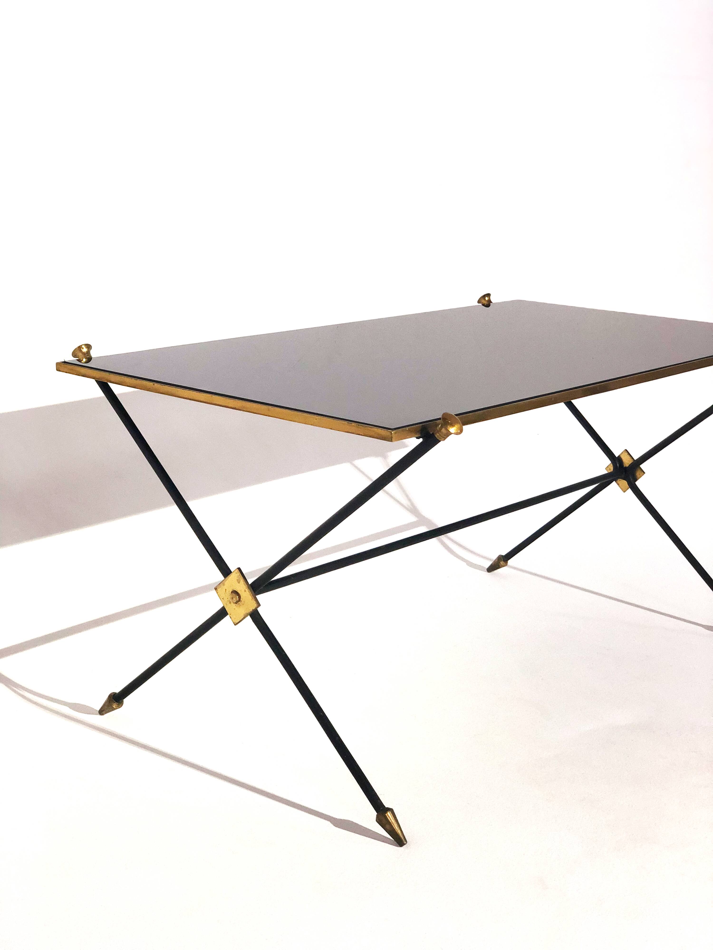 Vintage coffee table from 1960 - French - tubular and opaline metal / black glass