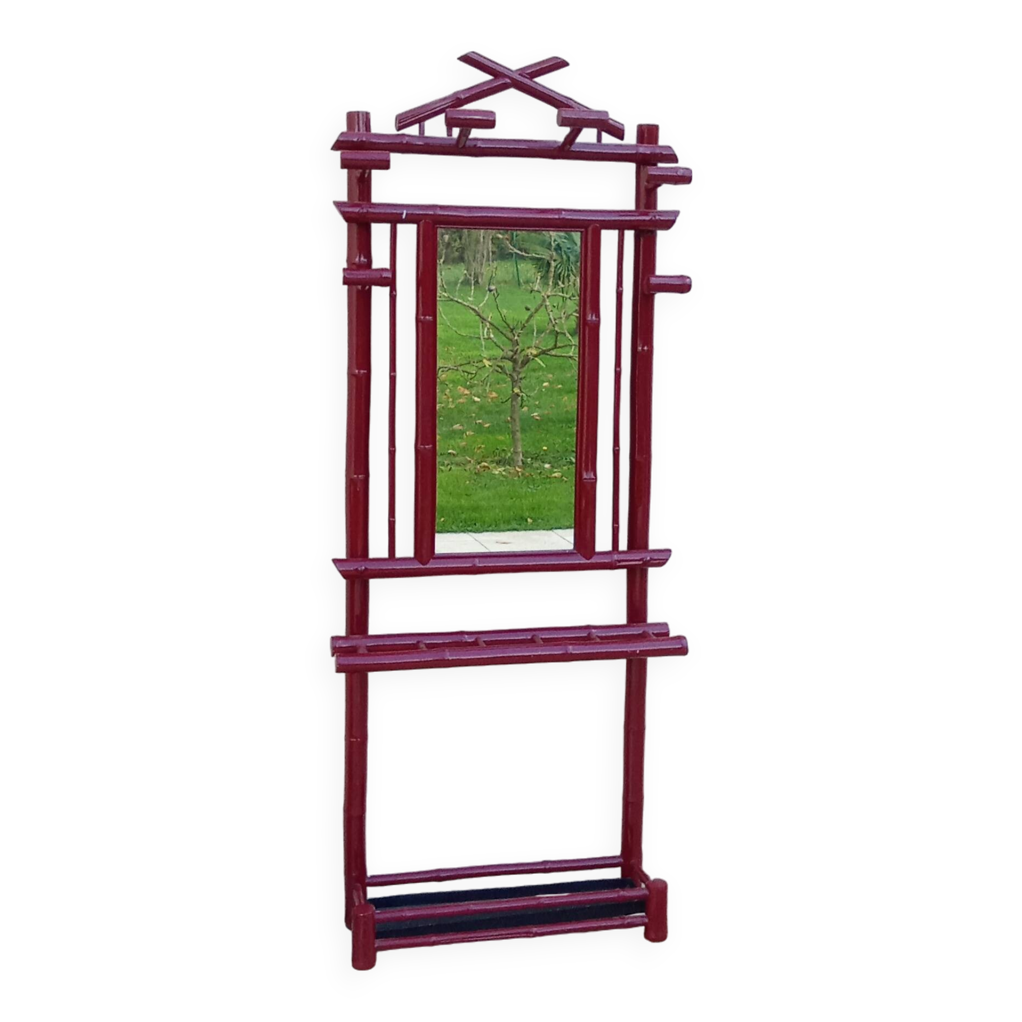 Old vintage red lacquered bamboo Asian coat rack