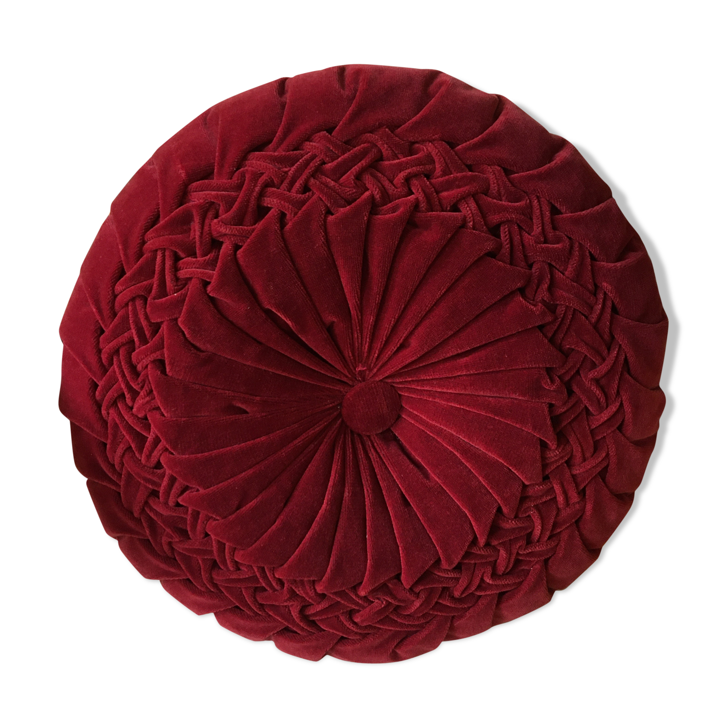 Folded velvet burgundy red round cushion