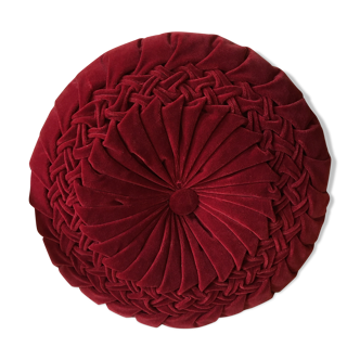 Coussin rond rouge bordeaux en velours plié