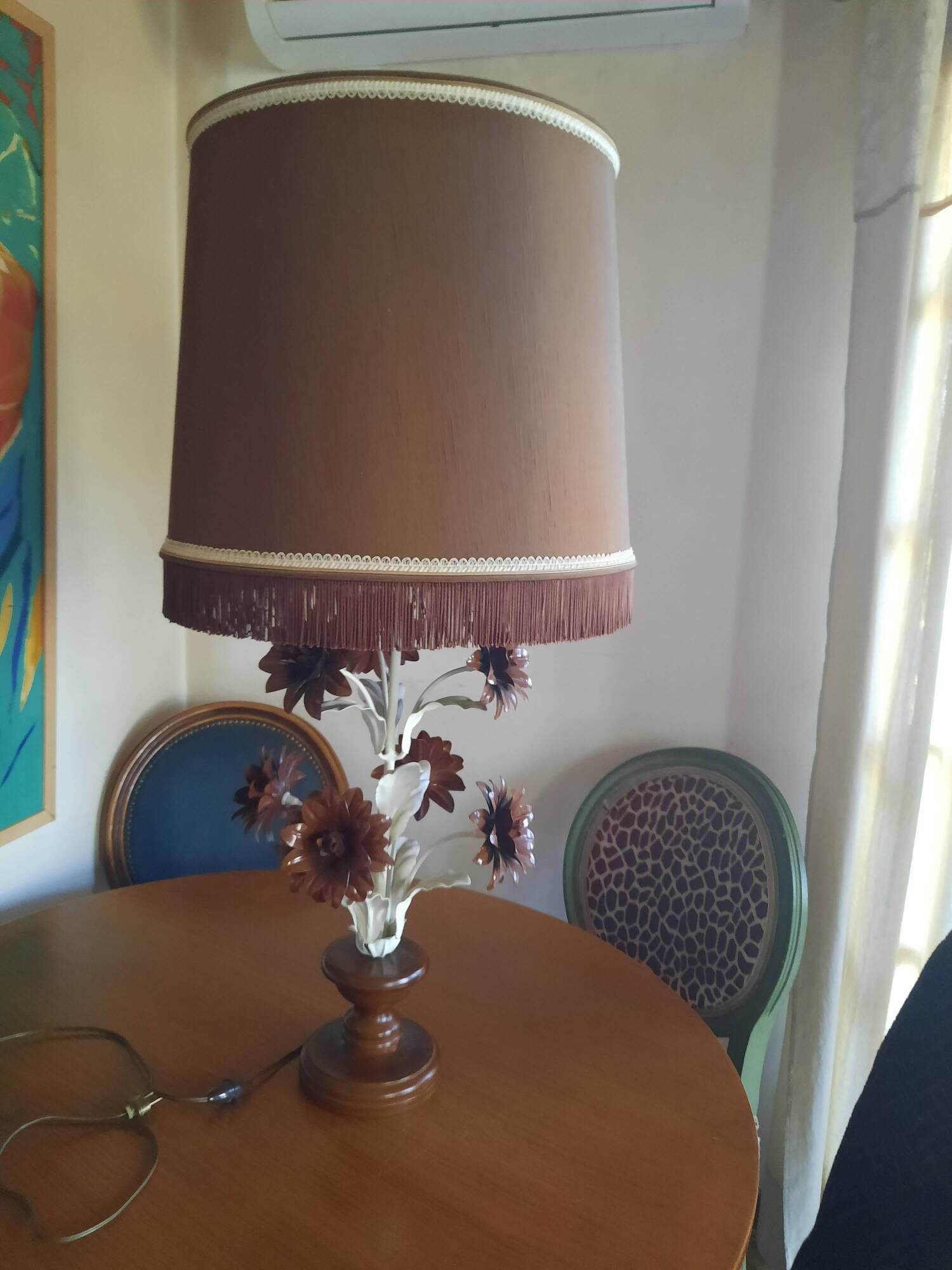 Large lamp from the 70s-80s with a silk shade.