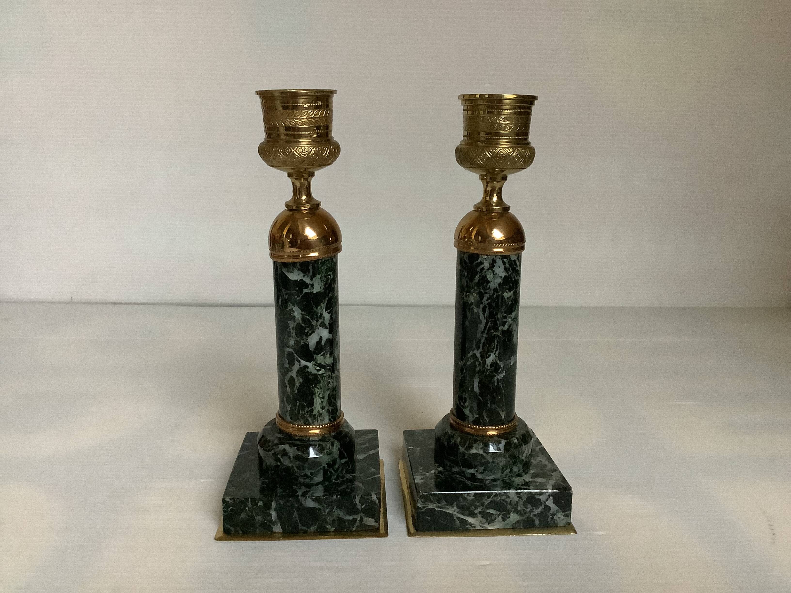 Pair of green marble and brass column candlesticks