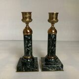 Pair of green marble and brass column candlesticks