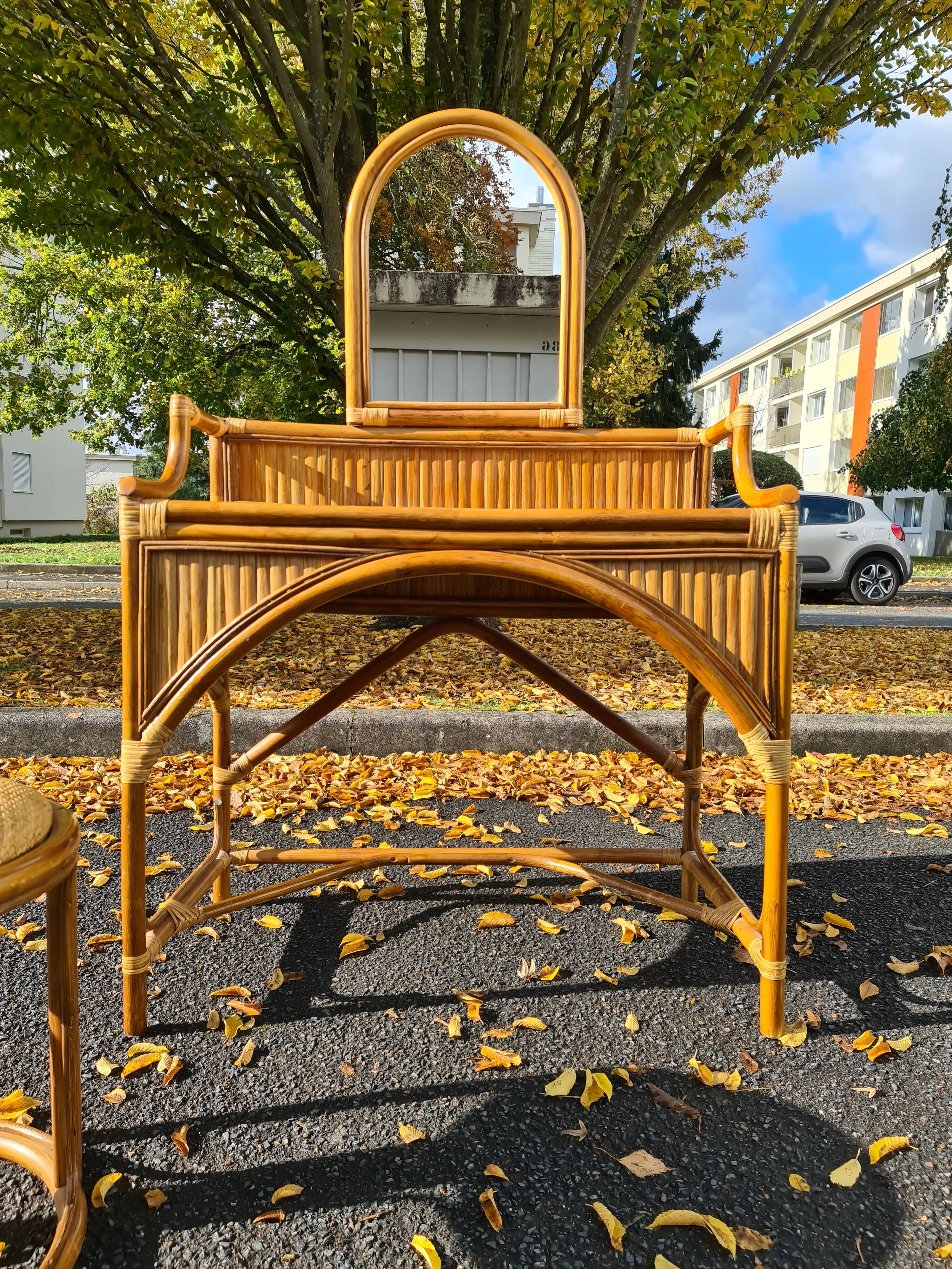 Dressing table / Mirror stool rattan bamboo Vintage 1970