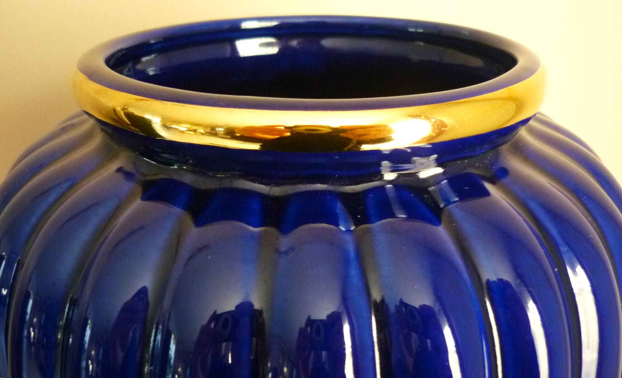 Vintage glazed ceramic vase, cobalt blue and gilt, Lancel Paris