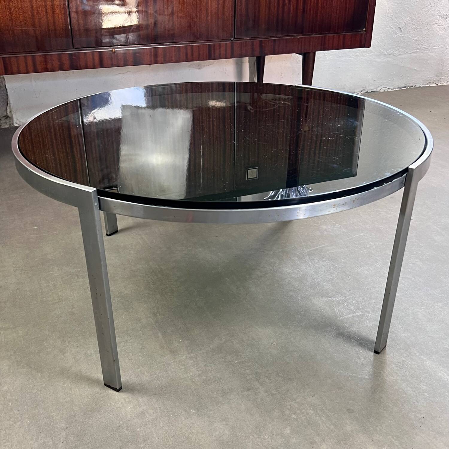 70s design round coffee table, metal and smoked glass