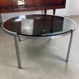 70s design round coffee table, metal and smoked glass