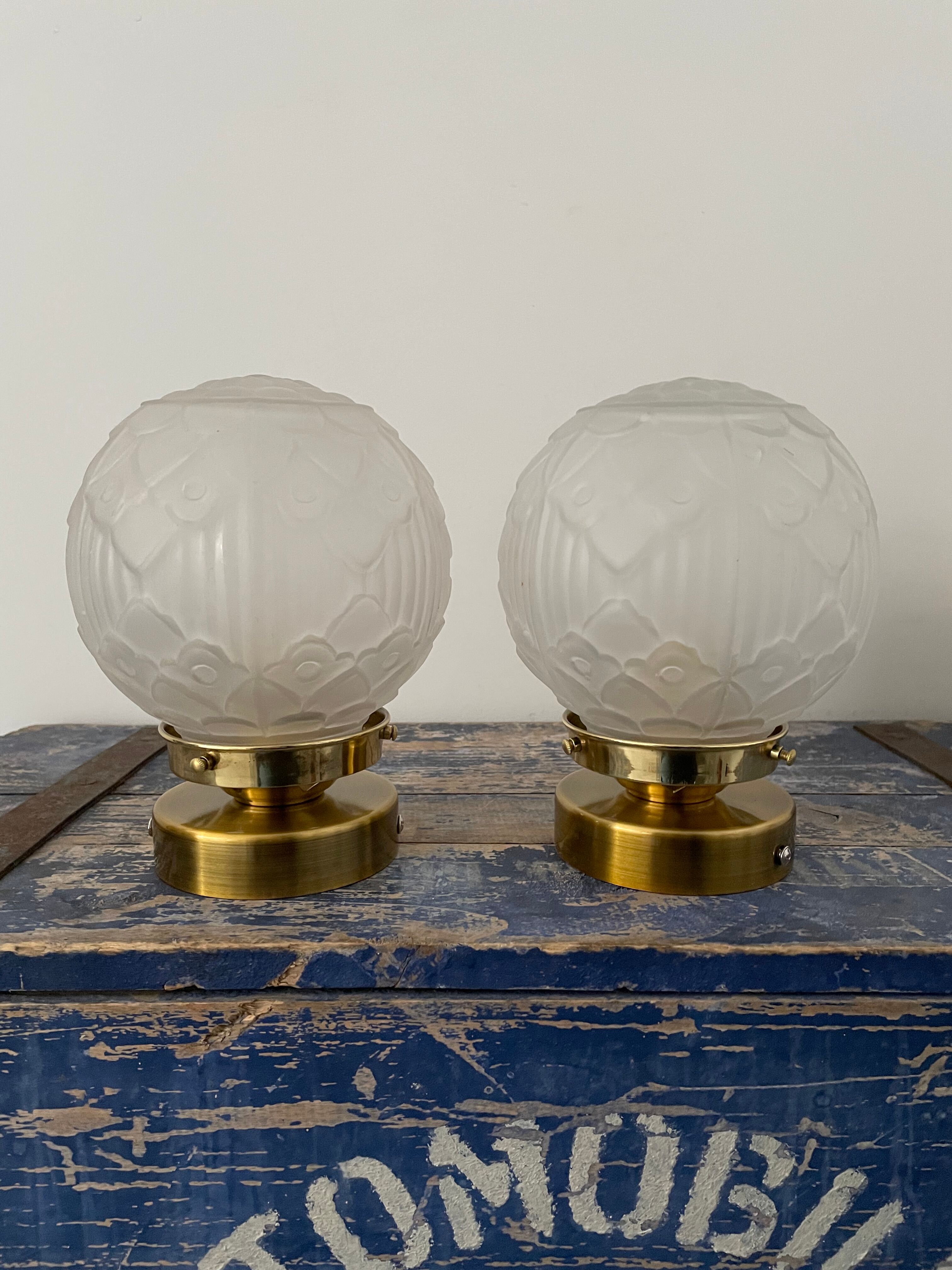 Pair of new electrified Art Deco globe sconces
