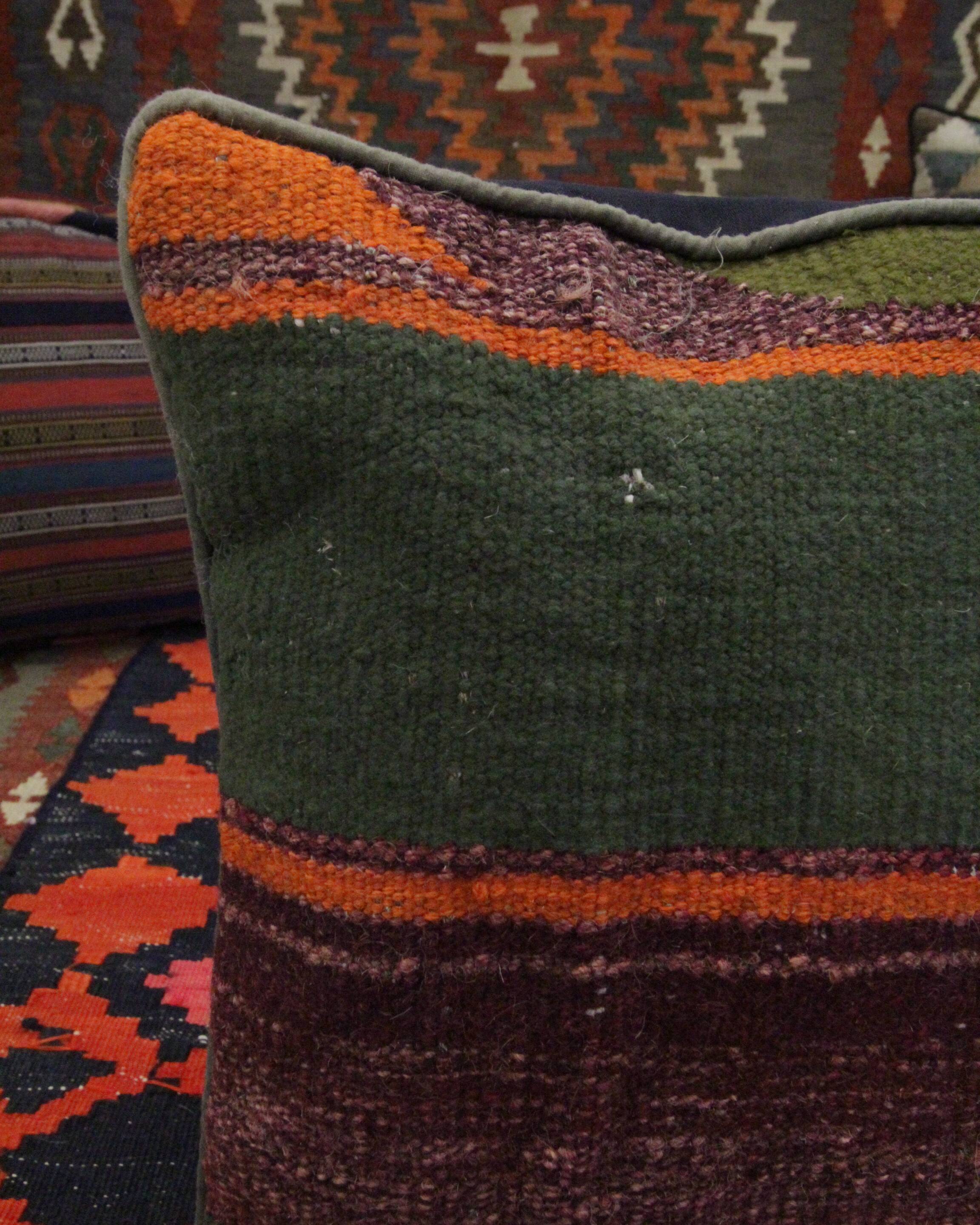 Handmade green purple wool cushion cover traditional kilim scatter pillow- 40x40cm