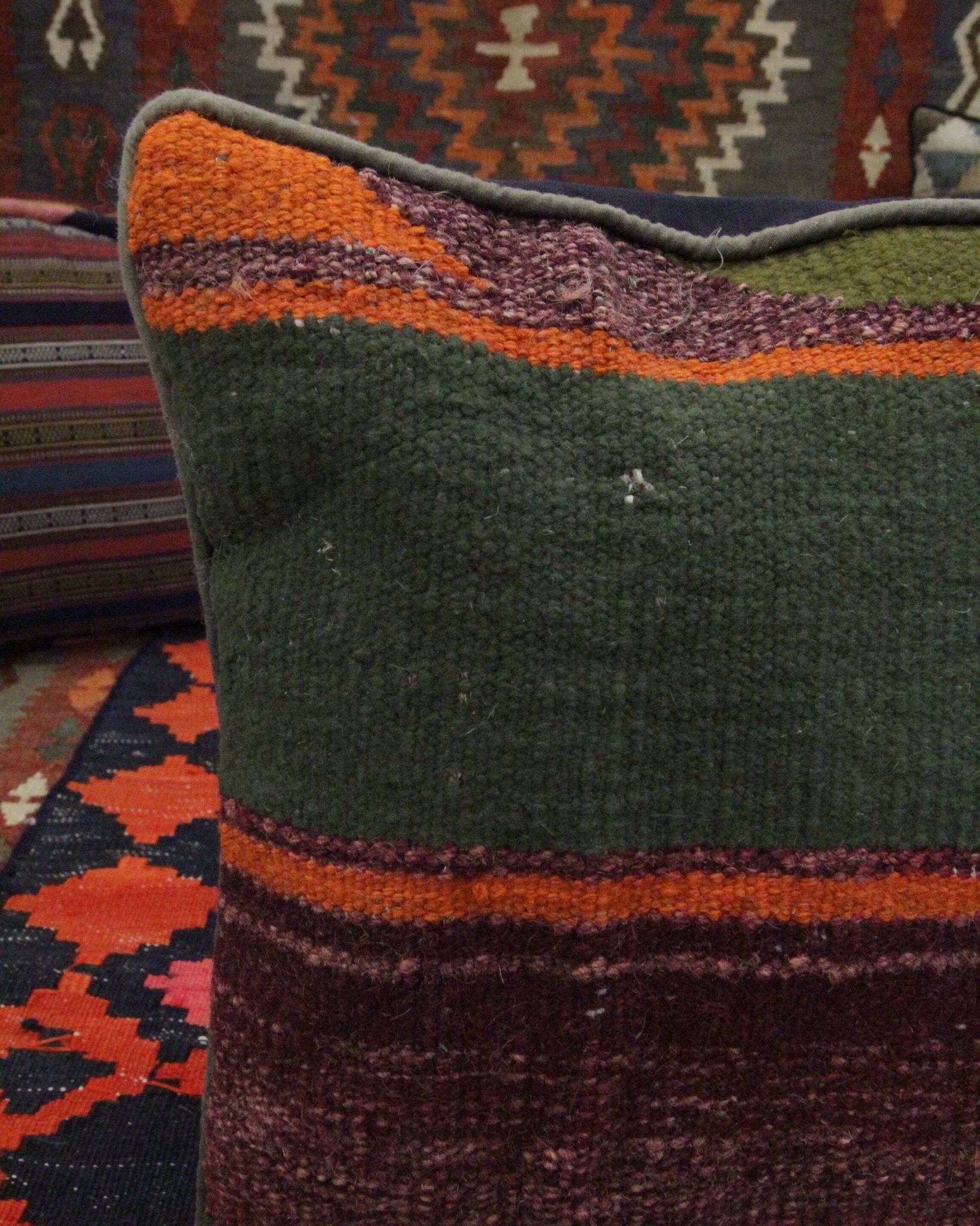 Handmade green purple wool cushion cover traditional kilim scatter pillow- 40x40cm