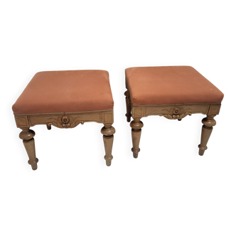 2 stools, poufs, footrests in Louis XVI style, made of wood and suede.