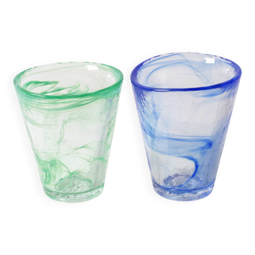 Set of 2 Kosta Boda Blue and Green Glasses "Mine" by Ulrica Hydman Vallien