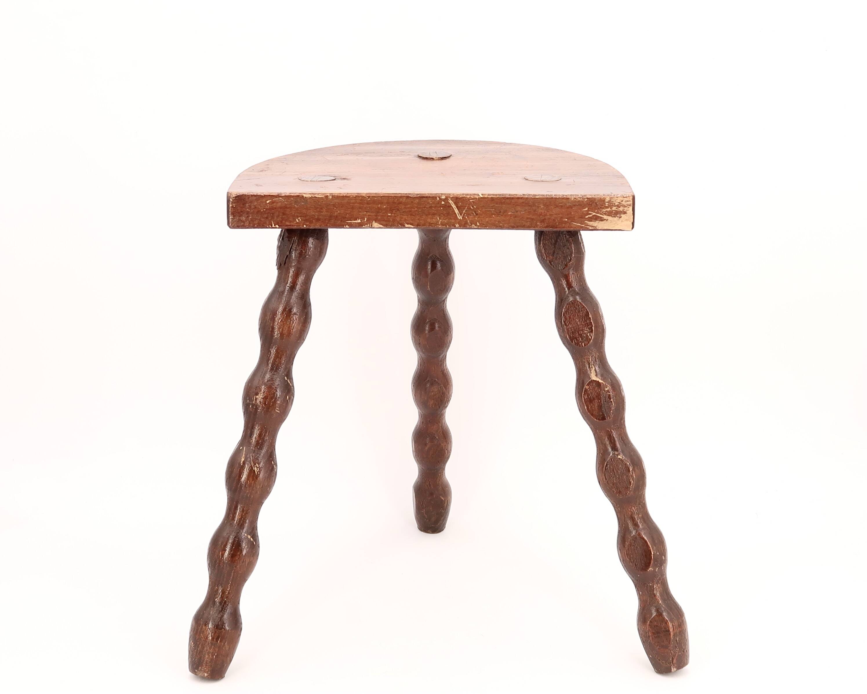 Wooden tripod stool, half-moon seat, 1950s