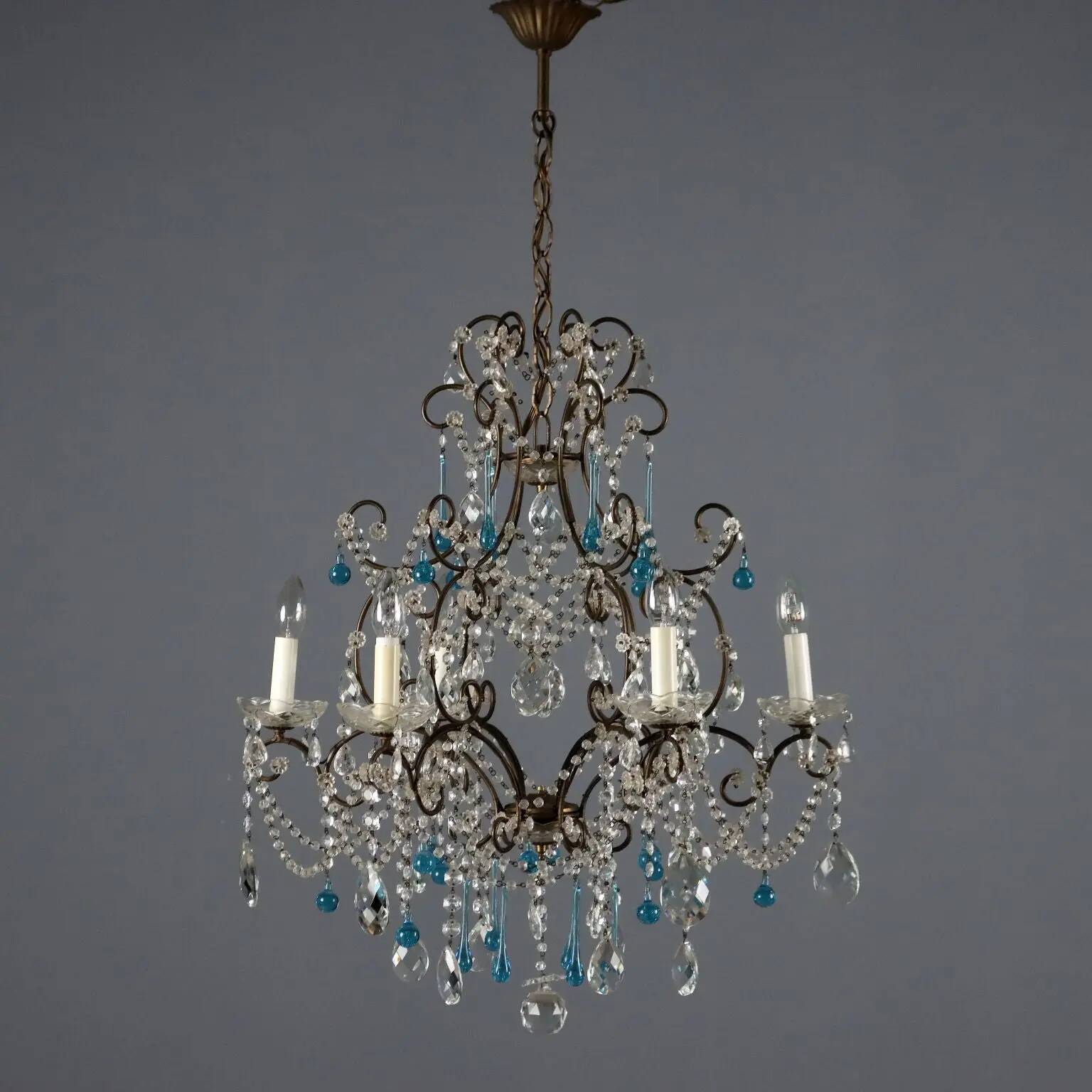 Pair of antique chandeliers in burnished iron and glass, 6 lights, Italy, 19th century.
