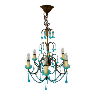 Old murano drop blue opaline chandelier 6 lights